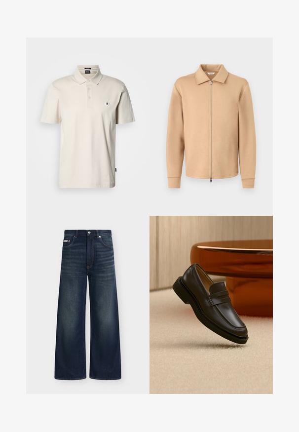 Veste beige à manches longues avec fermeture éclair, col, poignets côtelés et fermeture éclair en métal, présentée sur un fond gris clair uni.; Polo beige en coton avec col classique, patte de boutonnage à trois boutons et petit logo brodé sur la poitrine gauche. Manches courtes.; Jean en denim bleu foncé à jambes larges avec poches avant, passants de ceinture, fermeture par boutons et légère décoloration sur les cuisses et les genoux.; Mocassin en cuir noir flottant au-dessus d'un tapis beige avec des meubles arrondis marron en arrière-plan.