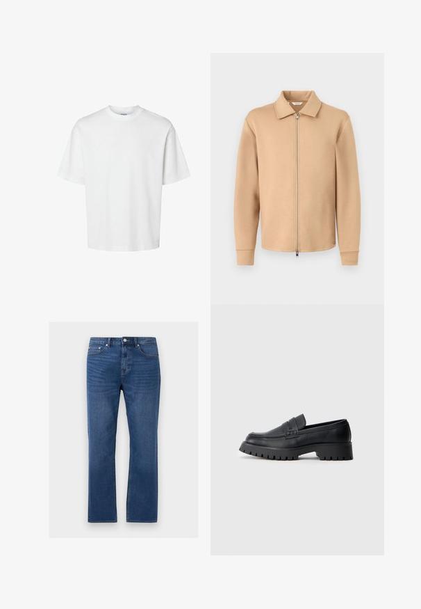 Veste beige à manches longues avec fermeture éclair, col, poignets côtelés et fermeture éclair en métal, présentée sur un fond gris clair uni.; T-shirt blanc uni à manches courtes, col rond et coupe décontractée, présenté sur un fond blanc.; Jean denim bleu à jambes droites avec poches avant, passants de ceinture et une fermeture à bouton sur un fond gris clair.; Mocassins en cuir noir avec un bout arrondi, présentant une sangle décorative et une semelle en caoutchouc épaisse avec de profonds crampons pour une meilleure adhérence.