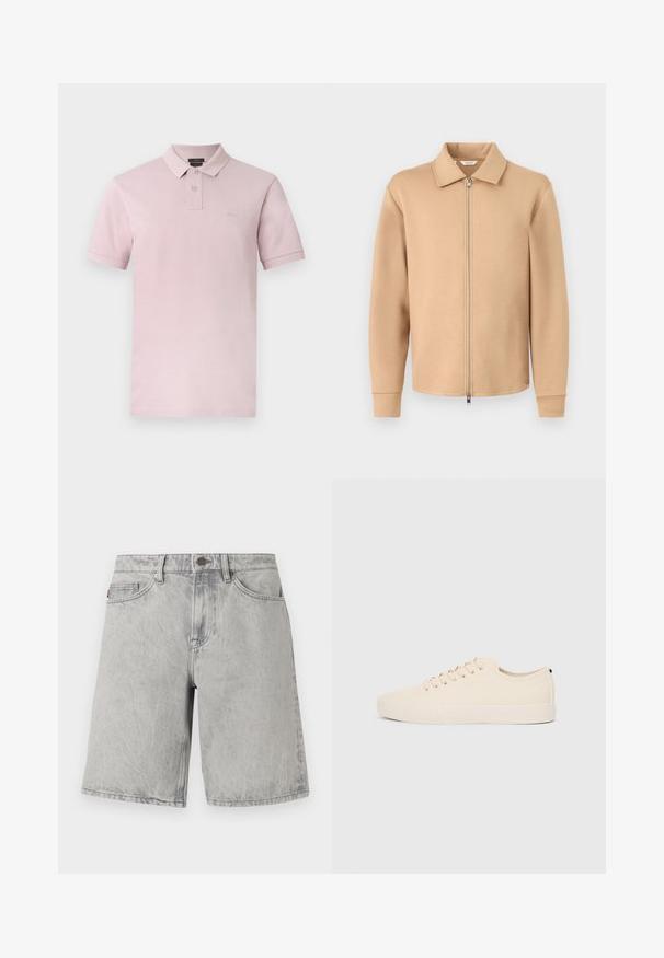 Veste beige à manches longues avec fermeture éclair, col, poignets côtelés et fermeture éclair en métal, présentée sur un fond gris clair uni.; Polo rose clair à manches courtes avec deux boutons, petit écusson logo sur la poitrine et col classique sur fond blanc.; Shorts en jean gris clair avec fermeture par bouton et fermeture éclair, passants pour ceinture et poches avant, présentés sur un fond blanc.; Baskets en toile beige avec bout arrondi, semelle en caoutchouc plate et lacets à l'avant. Présente un design minimaliste et un accent noir contrastant au niveau du talon.