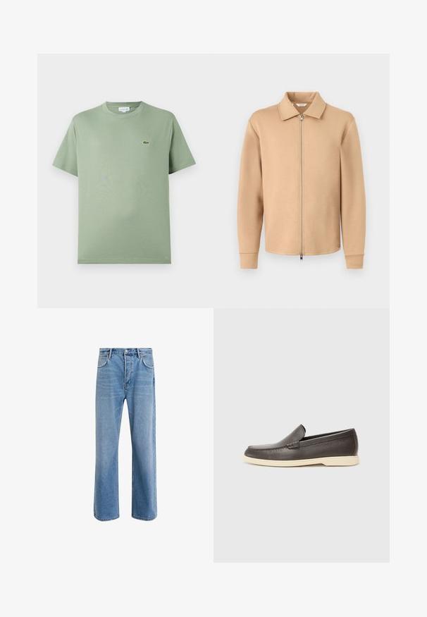 Beige langærmet jakke med lynlås og krave, ribstrikkede manchetter og metallynlås, vist på en ensfarvet lys grå baggrund.; Lysegrøn bomulds T-shirt med rund halsudskæring, korte ærmer og et lille logo på venstre bryst. Glat tekstur, standard pasform.; Lyseblå denim jeans med lige ben-design, fem lommer, knaplukning, minimal falming og kontraststingdetaljer.; Brune læder slip-on sko med en struktureret overflade og en kontrasterende lys beige sål, der har en rund tå og minimal syning.