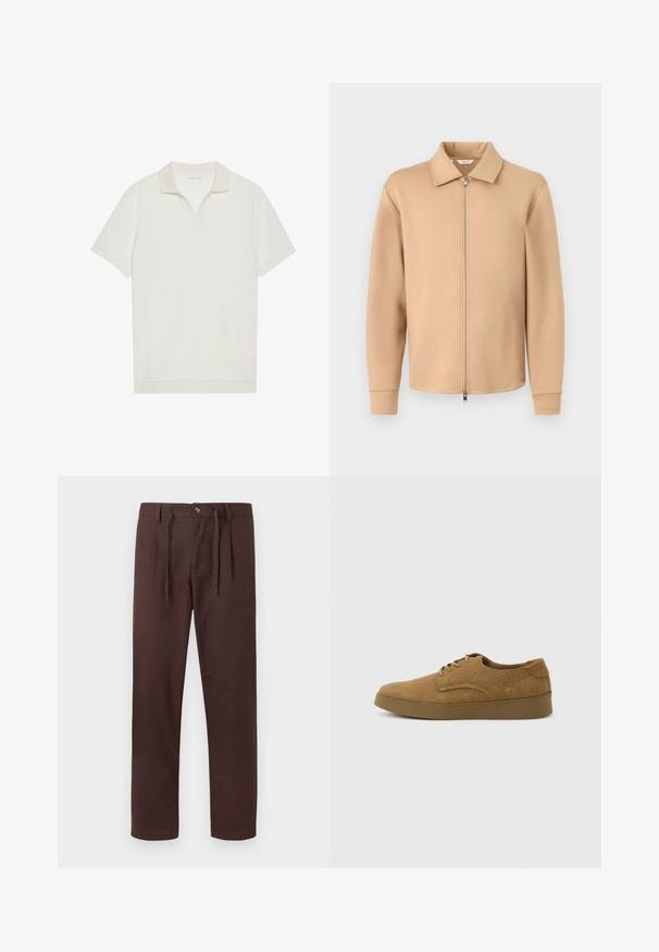 Veste beige à manches longues avec fermeture éclair, col, poignets côtelés et fermeture éclair en métal, présentée sur un fond gris clair uni.; Polo blanc à manches courtes avec un col en V et un tissu texturé. Design simple avec un col et des accents de manches contrastants.; Pantalon marron à jambes droites avec bouton à la taille, cordon de serrage, passants de ceinture et poches latérales, présenté sur fond blanc.; Chaussure décontractée à lacets en daim marron avec semelle en caoutchouc plate, vue de côté sur un fond clair uni.