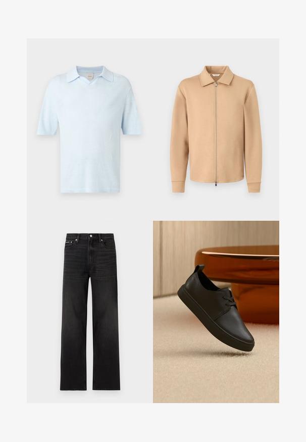 Veste beige à manches longues avec fermeture éclair, col, poignets côtelés et fermeture éclair en métal, présentée sur un fond gris clair uni.; Polo bleu clair manches courtes avec un col classique, présenté sur un fond blanc uni.; Jean noir droit avec cinq poches, passants pour ceinture et fermeture par bouton, présenté sur un fond blanc.; Baskets décontractées en cuir noir avec lacets, flottant au-dessus d'un tapis beige, avec une table en verre ambré arrondie en arrière-plan.