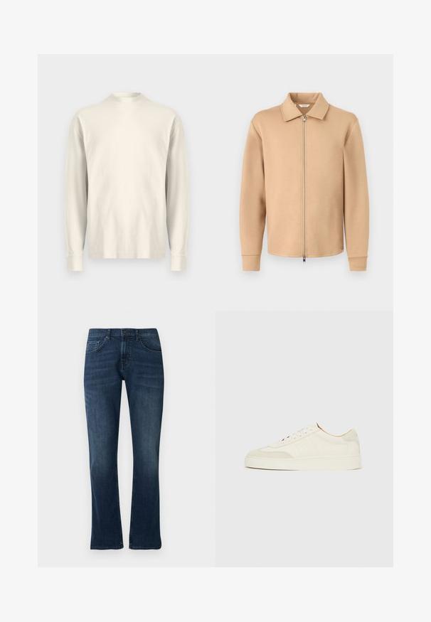 Beige lange mouw jas met rits en kraag, geribbelde manchetten en metalen ritssluiting, afgebeeld op een effen lichtgrijze achtergrond.; Langsleeve, shirt met hoge kraag van lichtroom katoen. Gladde textuur, relaxed fit, minimalistisch ontwerp, geen zichtbare patronen of accenten.; Donkerblauwe flared jeans met een standaard ontwerp van vijf zakken, voorzien van een sluiting met knopen aan de voorkant en subtiele vervaging op de dijen, gemaakt van denimstof.; Witte suède sneakers met een gladde afwerking, ronde neus, plat veterontwerp en contrasterende gestructureerde accenten. Voorzien van een subtiel logodetail.