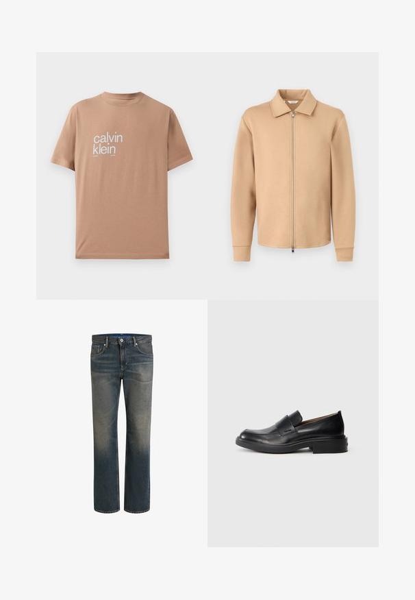 Chaqueta beige de manga larga con cremallera y cuello, puños acanalados y cremallera metálica, mostrada sobre un fondo liso de color gris claro.; Camiseta de manga corta en tela de algodón marrón claro, con gran texto blanco "calvin klein" en el frente y diseño de cuello redondo.; Vaqueros de denim en azul oscuro con un degradado desvanecido, diseño de pierna recta, estilo de cinco bolsillos, cierre de botón y cremallera de metal, y costuras en contraste.; Zapato de vestir negro de cuero sin cordones con tacón bajo y un sutil logo de Calvin Klein en el lateral, mostrado en perfil sobre un fondo blanco.