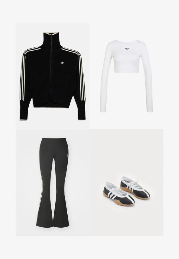 Chaqueta Adidas negra con cremallera completa y cuello alto, tres franjas blancas en las mangas, puños acanalados y pequeño logo de trébol de Adidas en el pecho.; Top corto blanco de manga larga con cuello redondo y pequeño logo negro de Adidas centrado debajo del escote.; Leggings acampanados negros de tejido elástico, con una cintura alta y rayas laterales blancas. Incluye un pequeño logo en la cintura.; Zapatillas deportivas en blanco y negro con un diseño elegante, suela de goma, cierre de cordones y tres franjas blancas en los lados.