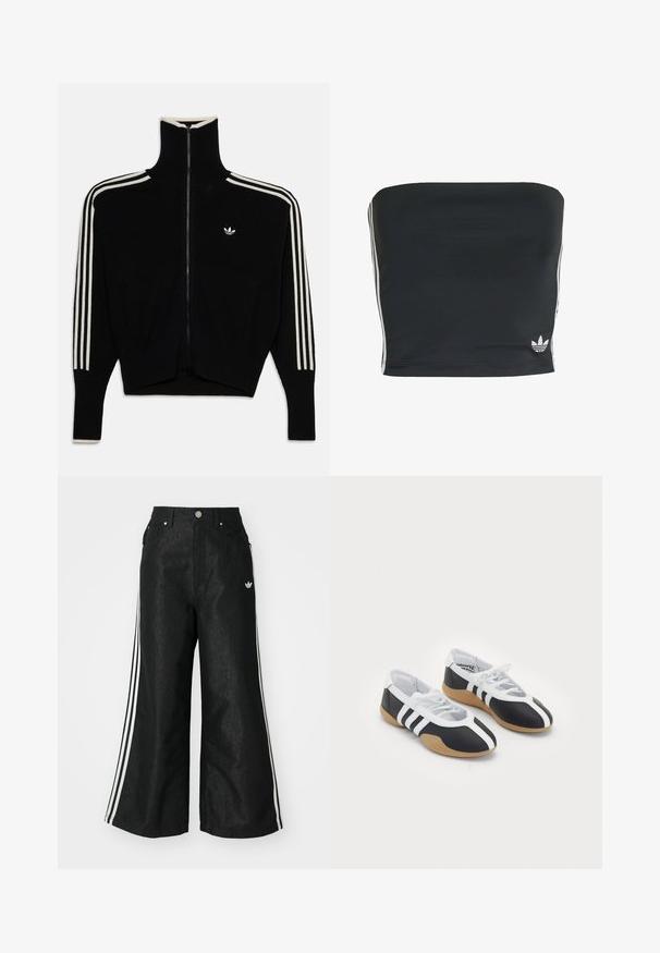 Chaqueta Adidas negra con cremallera completa y cuello alto, tres franjas blancas en las mangas, puños acanalados y pequeño logo de trébol de Adidas en el pecho.; Top corto negro sin tirantes con rayas laterales blancas y un pequeño acento de logo en la parte inferior. Tela suave con un diseño ajustado.; Pantalones de denim anchos y negros con tres franjas blancas en cada lado y un pequeño logo blanco. Cuenta con bolsillos frontales y un cierre de botón.; Zapatillas deportivas en blanco y negro con un diseño elegante, suela de goma, cierre de cordones y tres franjas blancas en los lados.