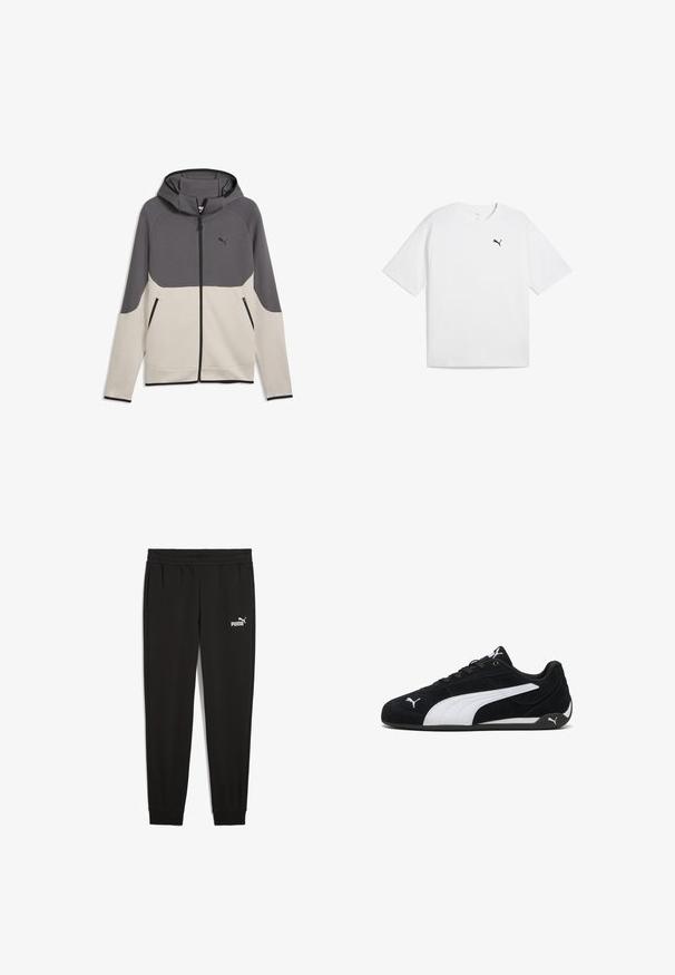 Hættejakke med lynlås med mørkegrå øverste og lysebeige nederste sektioner, lange ærmer, frontlommer med lynlås og et lille Puma-logo på brystet.; Hvid bomulds t-shirt med korte ærmer, rund halsudskæring og et lille sort Puma-logo på venstre bryst. Glat tekstur.; Sorte sweatpants lavet af blødt stof, med en elastisk talje, sidelommer og et hvidt Puma-logo på venstre side.; Sorte ruskinds sportsko med en hvid lateralstribe, hvide mærkeaccenter, flad sort sål og sorte snørebånd.