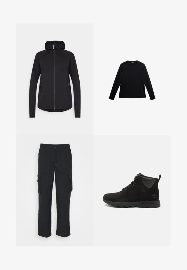 Sort zip-up hoodie med lange ærmer, frontlynlås, sidelommer og fast hætte, præsenteret på en hvid baggrund.; Sort langærmet T-shirt lavet af glat stof, med rund hals og et diskret logo på fronten, i en afslappet pasform.; Sorte cargo-bukser lavet af vævet stof. Har justerbar talje, sidelommer og to værktøjslommer med lynlås.; Sorte høje støvler lavet af ruskind og syntetiske materialer, med en tekstureret overflade, snørebåndsdesign og gummisål med greb.
