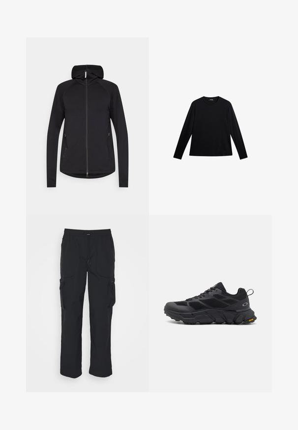 Sort zip-up hoodie med lange ærmer, frontlynlås, sidelommer og fast hætte, præsenteret på en hvid baggrund.; Sort langærmet T-shirt lavet af glat stof, med rund hals og et diskret logo på fronten, i en afslappet pasform.; Sorte cargo-bukser lavet af vævet stof. Har justerbar talje, sidelommer og to værktøjslommer med lynlås.; Sorte sportsko med en kraftig sål, mesh- og syntetisk overdel, teksturerede detaljer og Vibram-branding på ydersålen.