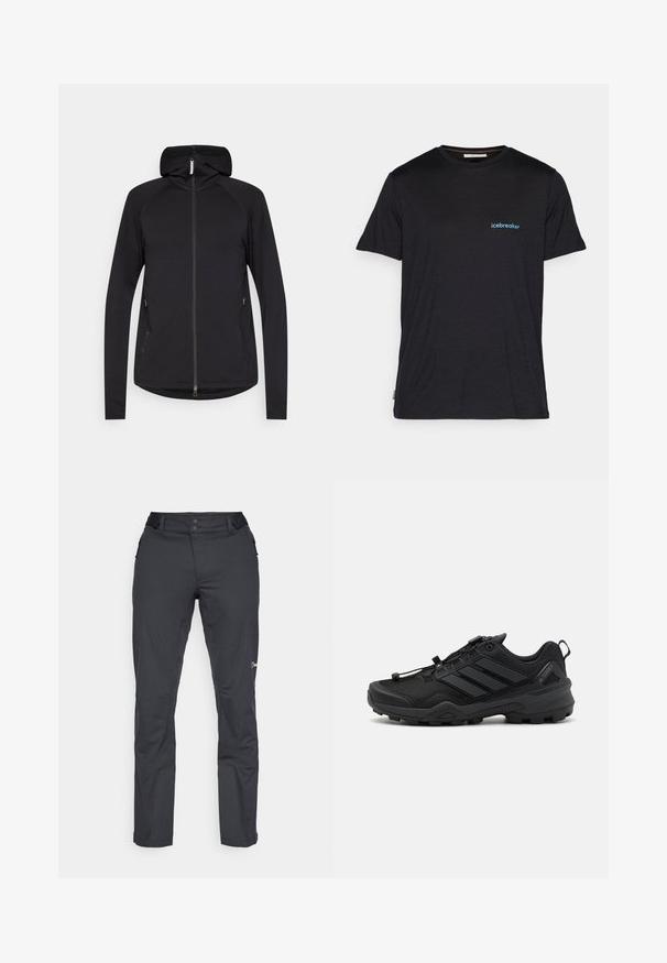 Sort zip-up hoodie med lange ærmer, frontlynlås, sidelommer og fast hætte, præsenteret på en hvid baggrund.; Sort kortærmet t-shirt lavet af blødt stof, med et lille blåt "icebreaker" logo på venstre brystområde. Regular fit design.; Berghaus RIDGE ROAMER - Outdoorbukser - black; Sort atletisk sko med en tekstureret mesh-overdel, kontrasterende syntetiske accenter og en robust gummisål. Har et sikkert snøresystem og bageste loop.