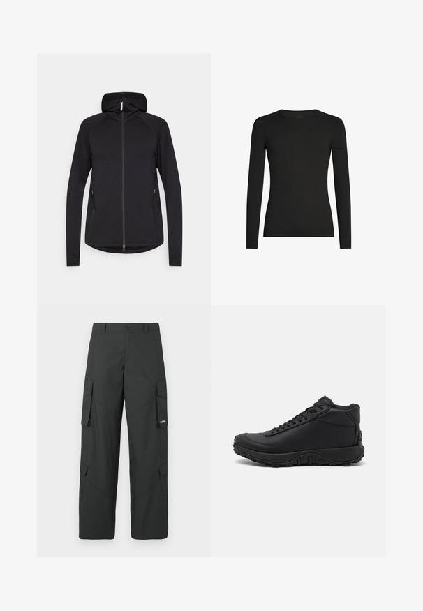 Sort zip-up hoodie med lange ærmer, frontlynlås, sidelommer og fast hætte, præsenteret på en hvid baggrund.; Sort, tætsiddende langærmet T-shirt med rund hals og et diskret Icebreaker-logo på venstre ærme, vist på en hvid baggrund.; Sorte straight-leg cargo bukser med sidelommer med klap, knaplukning, bæltestropper og et lille hvidt logo på klappen af højre lomme.; Sorte høje sneakers lavet af struktureret læder, med en tyk gummisål med trækmønstre og snørefunktion. Rød detalje på tungen.
