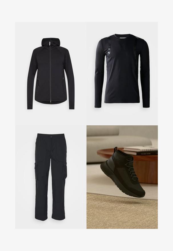 Sort zip-up hoodie med lange ærmer, frontlynlås, sidelommer og fast hætte, præsenteret på en hvid baggrund.; Sort langærmet træningsskjorte lavet af glat, strækbart stof. Har glansfulde sorte detaljer på skuldrene og et Adidas-logo på brystet.; Sorte cargo-bukser lavet af vævet stof. Har justerbar talje, sidelommer og to værktøjslommer med lynlås.; Sort høj-top sneaker med snørebånd, der svæver over beige tæppe, træ rundt bord med stabler af bøger i et lyst, moderne opholdsrum.
