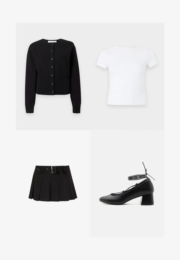 Sort cardigan med lange ærmer, seks knapper foran, rund halsudskæring, ribbet kant og manchetter, vist mod en ensartet lys baggrund.; Hvid kortærmet t-shirt med rund hals vist på en neutral lys grå baggrund.; Sort plisseret nederdel med et bælte. Fremstillet af et glat stof, med en sølv spænde, og en struktureret talje for ekstra stil.; Sort læder sko med mellemhøj hæl, spids tå, krydsede stropper og snøre omkring anklen på hvid baggrund.