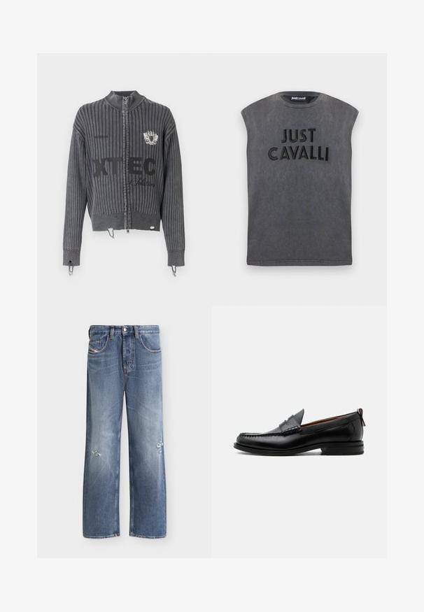 Pull sombre gris foncé à maille côtelée avec fermeture éclair, manches longues, texte du logo frontal "XTEC" et détail écusson sur la poitrine, avec ourlets usés.; T-shirt noir délavé sans manches avec épaules rembourrées, arborant le texte "JUST CAVALLI" en relief sur le devant.; Jean bleu droit avec légère usure aux deux jambes, poches avant, passants de ceinture et fermeture par bouton.; Mocassin homme en cuir noir avec couture moc toe, bride penny, col texturé et petit talon empilé sur fond blanc.