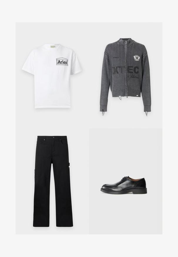 Pull sombre gris foncé à maille côtelée avec fermeture éclair, manches longues, texte du logo frontal "XTEC" et détail écusson sur la poitrine, avec ourlets usés.; T-shirt blanc à manches courtes avec un petit logo noir "Bélier" à l'intérieur d'un cadre rectangulaire sur la partie gauche de la poitrine.; Pantalon de travail noir à jambes droites avec plusieurs poches et passants pour ceinture, fabriqué en tissu robuste.; Chaussure de ville en cuir noir avec un bout arrondi, surface lisse, détails en dentelle et une semelle en caoutchouc texturée basse. Lignes épurées et design minimal.