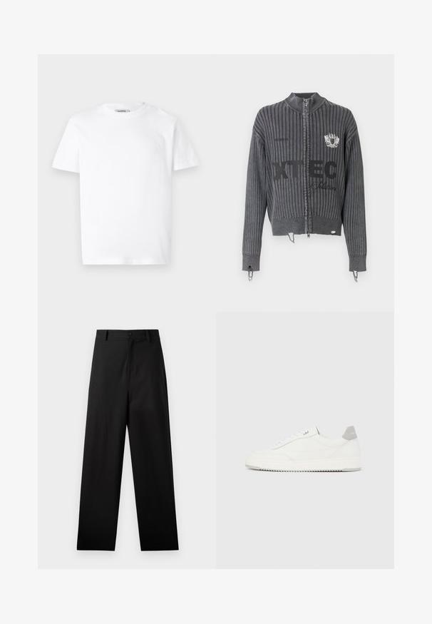 Pull sombre gris foncé à maille côtelée avec fermeture éclair, manches longues, texte du logo frontal "XTEC" et détail écusson sur la poitrine, avec ourlets usés.; T-shirt en coton blanc avec un col rond et des manches courtes. Présente un petit logo en relief sur la poitrine gauche. Texture lisse.; Pantalons noirs en coton avec une coupe droite, dotés d'une fermeture à bouton à l'avant et de poches latérales. Texture lisse, sans motifs.; Baskets basses blanches avec un onglet de talon gris, des lacets blancs et une semelle texturée, présentées sur un fond uni clair.