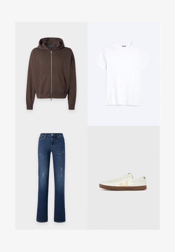 Brun zip-up hoodie lavet af blødt stof, med en rummelig hætte, frontkangaroo lomme og ribbede manchetter og forneden.; Enkelt hvid T-shirt med korte ærmer og rund hals med synligt WEEKDAY-mærke i kraven, vist på en lys baggrund.; ONLY ONLWAUW MID WAIST - Jeans Slim Fit - dark blue denim; Hvid lavskaftet sneaker med beige "V"-logo, brun gummisål, snørebånd og sort tekst på hæl og tunge mod en ensfarvet baggrund.