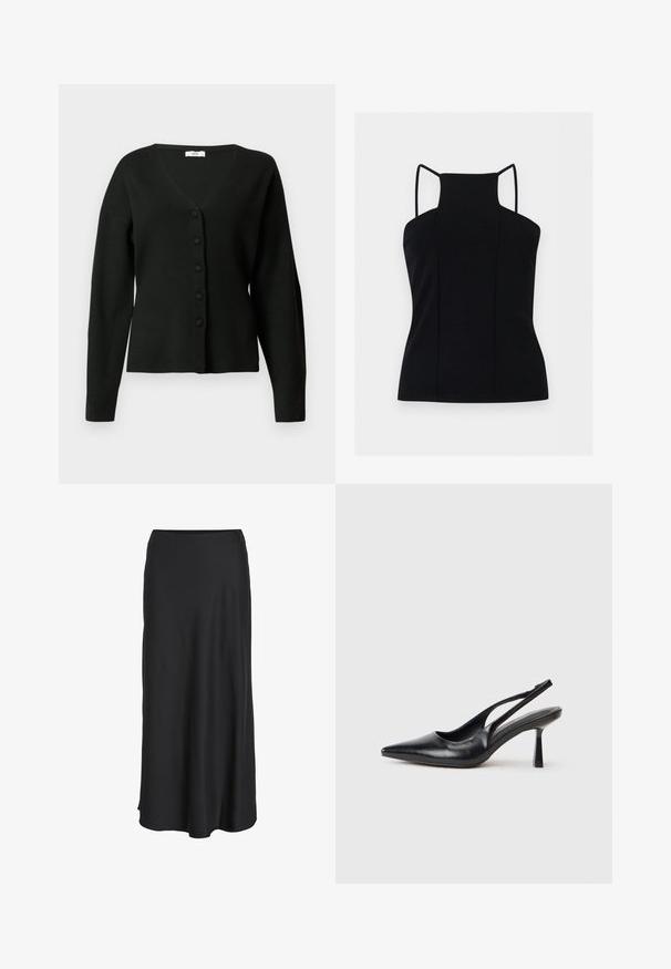 Schwarze Strickjacke aus weichem Stoff, mit V-Ausschnitt, langen Ärmeln und einer vorderen Knopfleiste mit fünf Knöpfen.; Schwarzes ärmelloses Oberteil mit hohem Kragen und dünnen Schulterträgern, figurbetonte Silhouette, auf einem schlichten hellen Hintergrund dargestellt.; Schwarzer Maxirock aus glattem, leichtem Stoff. Verfügt über eine einfache A-Linien-Silhouette mit leicht ausgestelltem Saum und ohne sichtbare Verschlüsse.; Schwarzer Leder Slingback High Heel Schuh mit spitzer Zehenpartie und schmalem Absatz auf einem weißen Hintergrund.