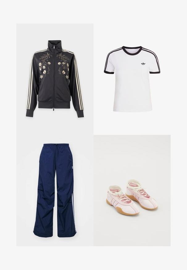 Cazadora deportiva negra con cremallera y cuello alto, bordado floral en crema en la parte delantera y tres rayas crema a lo largo de las mangas.; Camiseta blanca de manga corta con detalles en negro, con cuello redondo y tres rayas negras en cada hombro. Pequeño logo negro en el pecho.; Pantalones de color azul marino, ligeros, con cintura elástica y cordón ajustable, con franjas blancas laterales y un pequeño logo en la parte delantera. Diseño de corte holgado.; Zapatillas de lona rosa con una textura suave, que presentan un diseño de cordones y una suela de goma. Detalles decorativos y tres franjas en el lateral.