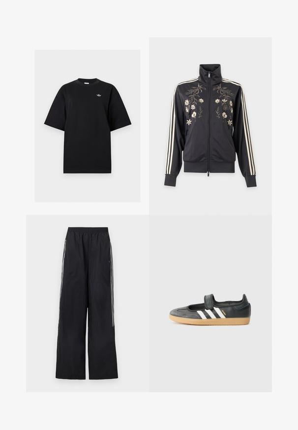 Black zip-up track jacket with high collar, cream floral embroidery on front, and three cream stripes along the sleeves.; Black short-sleeve crewneck t-shirt with small white Adidas Trefoil logo on left chest, displayed on a plain light background.; Black wide-leg track pants with elastic waistband and three white side stripes on each leg.; Black leather and suede sneaker with a Velcro strap, featuring three white stripes and a gum sole, labeled "SAMBA" on the side.