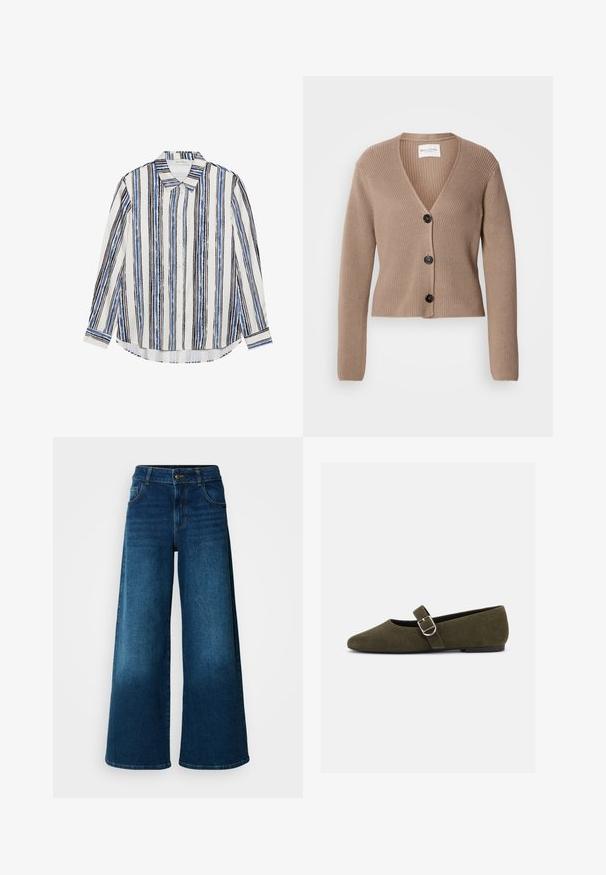 Beige ribben cardigan med lange ærmer, V-hals og tre sorte knapper foran. Blød tekstur og kort design.; Button-up skjorte med lodrette striber i nuancer af blå, sort og hvid. Fremstillet af glat stof med klassisk krave og knaplukning.; Viddejeans lavet af mørkeblå denim. Har høj talje, knaplukning og klassisk fem-lomme design med subtile falme.; Æblegrøn ruskind Mary Jane flad sko med sølvspænde og rundet tå, vist på en hvid baggrund.