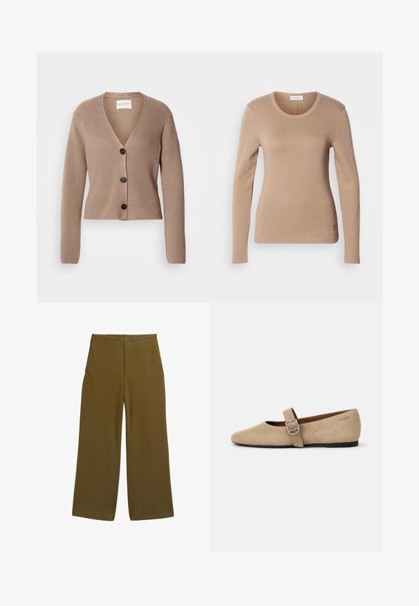 Beige geribde cardigan met lange mouwen, V-hals en drie zwarte knopen aan de voorkant. Zachte textuur en cropped ontwerp.; Langwerpige top in lichtbeige, met een ronde halslijn en een slim fit. Gemaakt van zachte, rekbare stof met een subtiele textuur. Klein logo-detail op de zoom.; Brede broek in olijfgroene stof, met een zachte textuur en zonder zichtbare sluitingen. Ontworpen voor een relaxte fit met strakke lijnen.; Beige suède Mary Jane balletschoenen met een spitse neus en een enkele verstelbare band met een zilveren gesp. Zwarte platte zool.