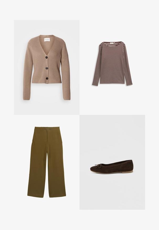 Beige ribbattu kardigan med lange ermer, V-hals, og tre svarte knapper foran. Myk tekstur og cropped design.; Pitkähihaista, ruskeaa ja vaaleanbeigeä raitapaitaa pehmeästä kankaasta. Ominaisuuksiin kuuluu pyöreä kaula-aukko ja istuva malli.; Valkaniset housut oliivinvihreässä kankaassa, jossa on sileä pinta ja ei näkyviä kiinnityksiä. Suunniteltu rennoksi istuvuudeksi, jossa on puhtaat linjat.; Ruskeat mokkanahkaiset balleriinat pyöreällä kärjellä, pienellä rusettilisäyksellä edessä ja tasaisella vaaleanruskealla pohjalla. Yksinkertainen ja minimalistinen muotoilu.