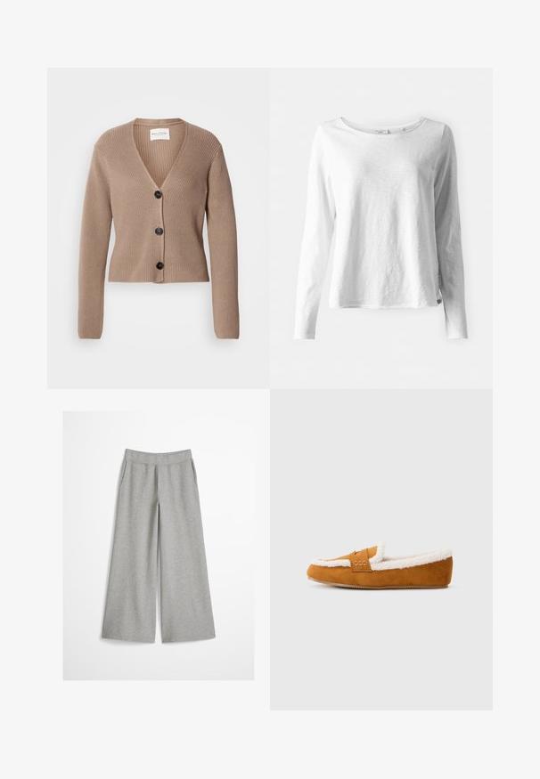 Cardigan beige à côtes, à manches longues, en V, avec trois boutons noirs à l'avant. Texture douce et design court.; T-shirt blanc à manches longues en tissu doux et léger; doté d'un col rond et d'un ajustement légèrement décontracté; étiquette visible sur le côté.; Pantalon gris clair à jambes larges avec ceinture élastique, en tissu tricoté doux, présenté sur un fond blanc uni.; Chausson en daim beige avec doublure en fourrure blanche, design à enfiler, semelle plate et couture décorative sur le dessus. Texture douce et forme arrondie.