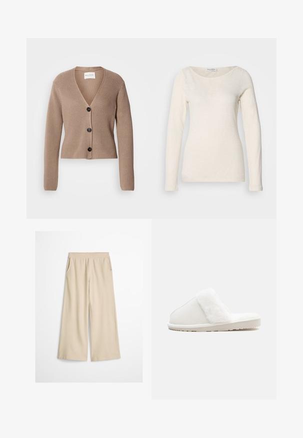 Cardigan beige à côtes, à manches longues, en V, avec trois boutons noirs à l'avant. Texture douce et design court.; Haut à manches longues, col rond en blanc cassé, fabriqué dans un tissu doux et léger avec une texture lisse et un design minimaliste.; Pantalon ample couleur crème avec une taille haute, sans fermetures ni poches visibles, présenté sur un fond blanc.; Chausson blanc avec une bande en fausse fourrure douce, tige en feutre, semelle matelassée et fond en caoutchouc texturé pour l'adhérence. Design simple et arrondi.