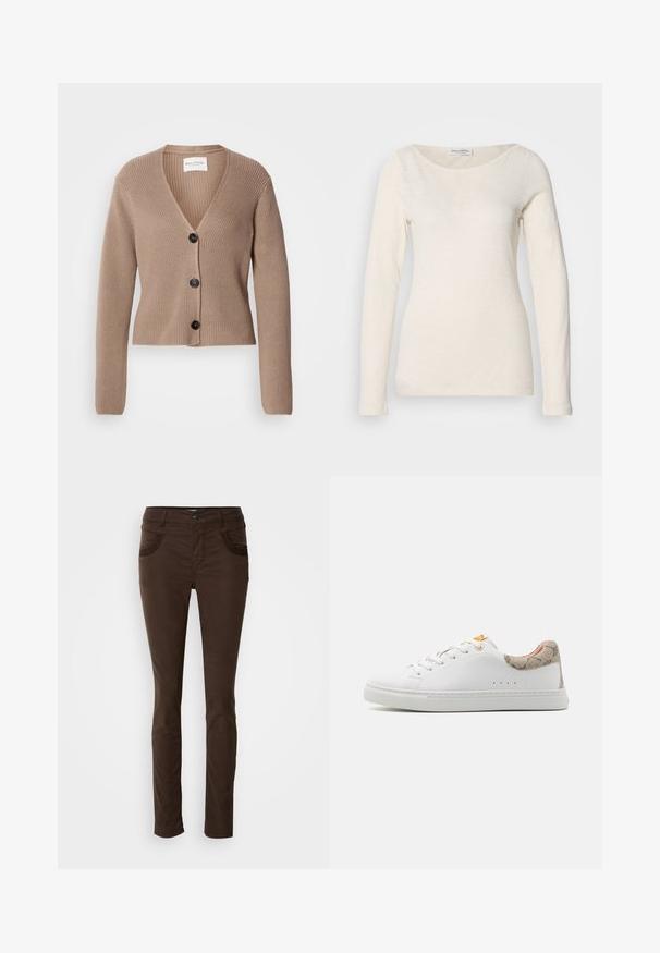 Beige rebrovaný cardigan s dlhými rukávmi, V-výstrihom a tromi čiernymi gombíkmi vpredu. Mäkká textúra a skrátený strih.; Dlhý rukáv, crew-neck top v smotanovej farbe, vyrobený z mäkkej, ľahkej tkaniny s hladkou textúrou a minimalistickým dizajnom.; Hnedé úzke nohavice vyrobené z bavlneného zloženého materiálu. Obsahujú predné vrecká s dekoratívnym prešívaním, zapínanie na gombík a hladkú textúru.; Biele tenisky s hladkým syntetickým zvrškom, zlatými očkami a vzorovaným béžovým akcentom na päte. Zaoblená špička a štruktúrovaná gumová podrážka.