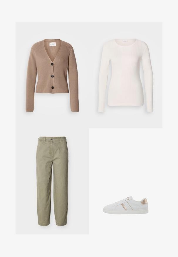 Cardigan beige à côtes, à manches longues, en V, avec trois boutons noirs à l'avant. Texture douce et design court.; Haut à manches longues blanc en maille côtelée avec un col rond, une texture lisse et une coupe ajustée. Des lignes verticales subtiles créent une apparence épurée.; Pantalon droit couleur kaki clair avec passants pour ceinture, fermeture par bouton et braguette zippée, présenté sur un fond uni.; Baskets blanches avec un design bas, en matériau lisse ressemblant à du cuir, avec des accents métalliques rose gold et une semelle en caoutchouc texturée.