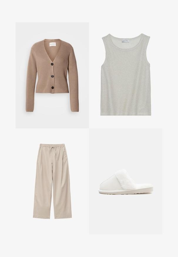 Cardigan beige à côtes, à manches longues, en V, avec trois boutons noirs à l'avant. Texture douce et design court.; Haut sans manches gris clair en tissu tricoté doux et texturé. Présente un col rond et une coupe ample. L'étiquette indique "ANNA FIELD" à l'intérieur.; Pantalon beige à jambes larges avec ceinture élastique et cordon à l'avant, avec poches latérales et coupe décontractée.; Chausson blanc avec une bande en fausse fourrure douce, tige en feutre, semelle matelassée et fond en caoutchouc texturé pour l'adhérence. Design simple et arrondi.