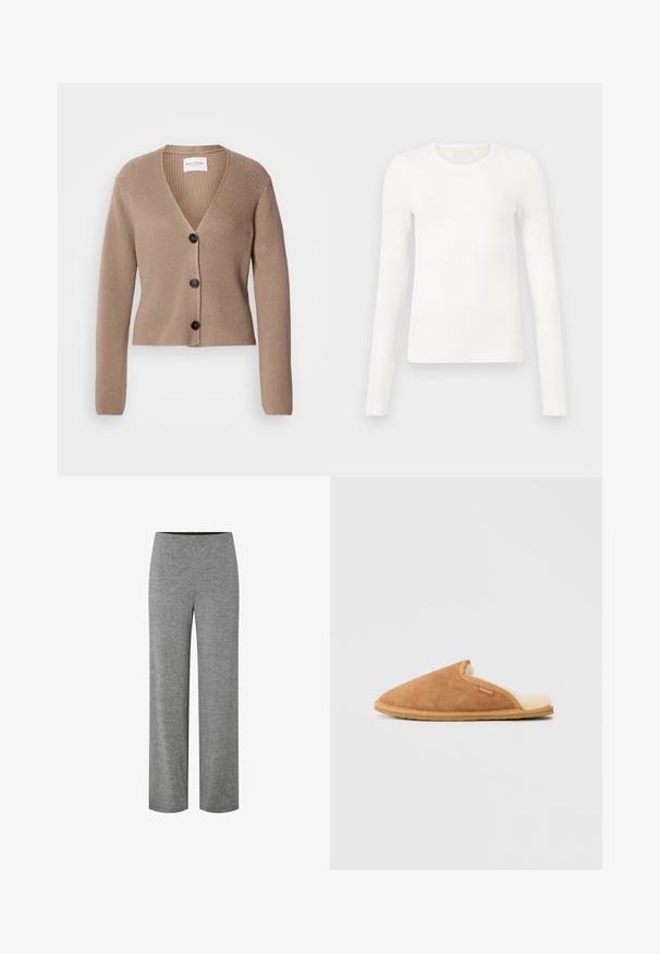 Cardigan beige à côtes, à manches longues, en V, avec trois boutons noirs à l'avant. Texture douce et design court.; Haut à manches longues blanc en rib à col rond, avec une coupe ajustée et une texture lisse, idéal pour le superposition ou un look décontracté.; Pantalon droit en tricot gris avec taille élastique, conçu pour une tenue décontractée ou de détente.; Pantoufle en daim marron avec une doublure en polaire crème douce et une semelle en caoutchouc beige. Elle présente un bout rond et un design avec des découpes sur le côté.