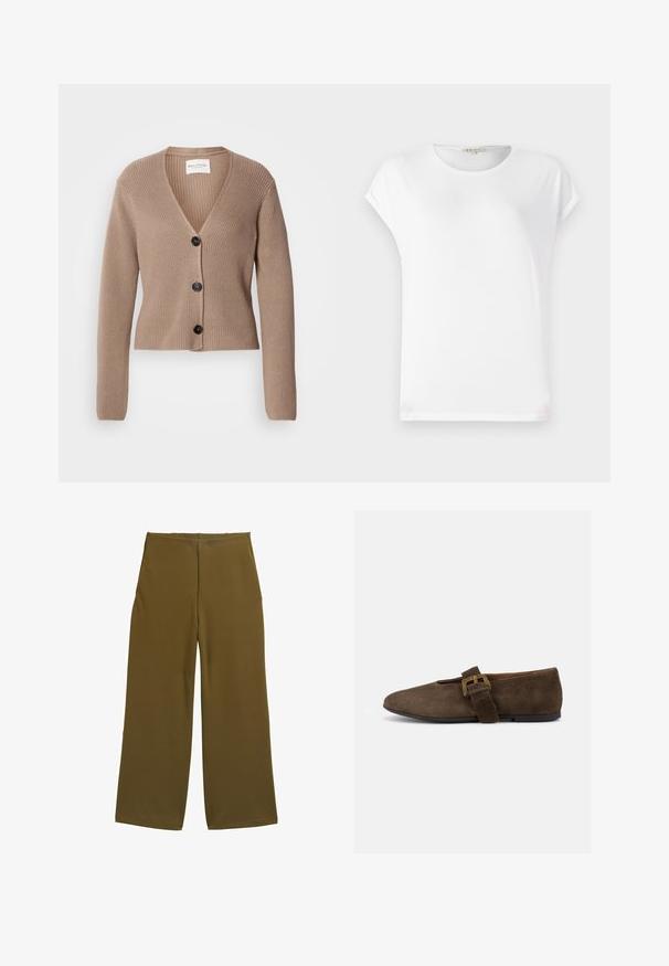 Beige ribben cardigan med lange ærmer, V-hals og tre sorte knapper foran. Blød tekstur og kort design.; Hvid kortærmet t-shirt med rund halsudskæring, blød tekstur og et simpelt design. Rene linjer med en afslappet pasform.; Bredde benbukser i olivengrønt stof, med en glat tekstur og ingen synlige lukninger. Designet til en afslappet pasform med rene linjer.; Brun ruskind flad sko med bred rem og guldlås, rundet tå og lav sort sål, vist i sideprofil mod hvid baggrund.