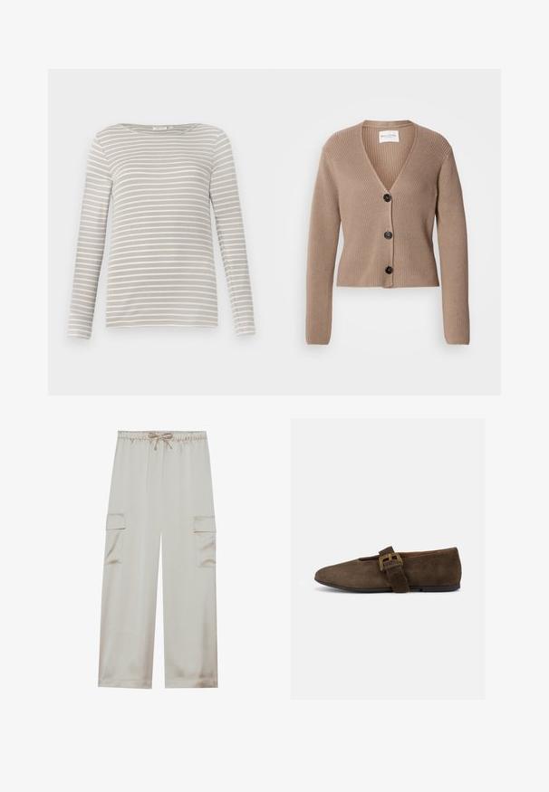 Beige ribben cardigan med lange ærmer, V-hals og tre sorte knapper foran. Blød tekstur og kort design.; TOM TAILOR STRIPED BOAT NECK - Langærmet T-shirt - taupe/offwhite; Beige cargo bukser lavet af glat stof med elastisk talje og snor, der har to sidelommer og brede ben.; Brun ruskind flad sko med bred rem og guldlås, rundet tå og lav sort sål, vist i sideprofil mod hvid baggrund.