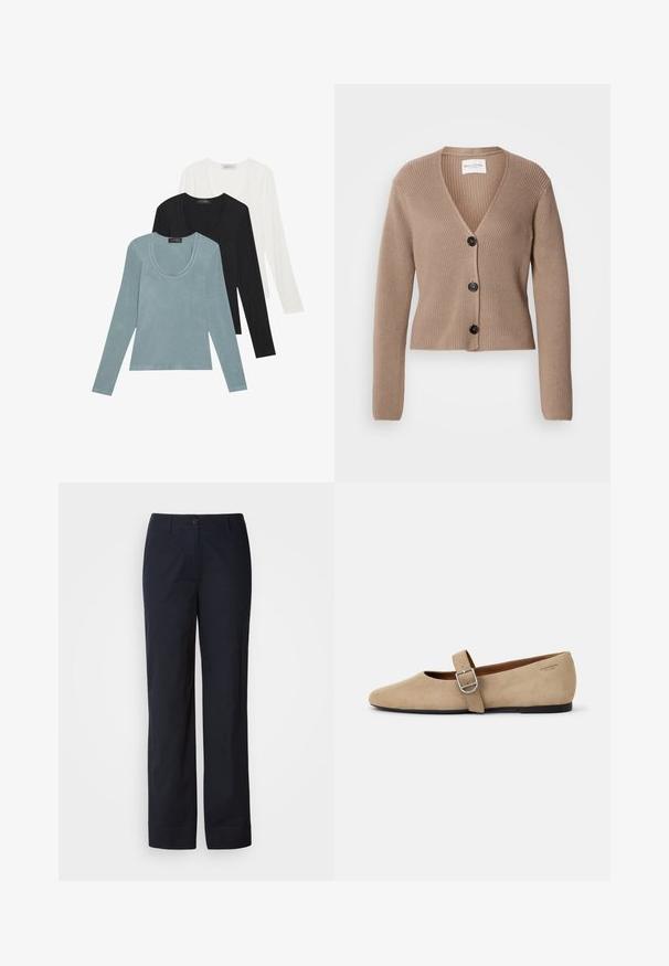 Beige ribben cardigan med lange ærmer, V-hals og tre sorte knapper foran. Blød tekstur og kort design.; Tre langærmede toppe i lys blå, sort og hvid. Designet har en rund udskæring og en blød, let stoftekstur.; Marineblå bomuldsbukser med lige ben, der har knaplukning foran og ingen synlige mønstre eller pynt.; Beige ruskind Mary Jane flade sko med spids tå og et enkelt justerbart strop med en sølv spænde. Sort flad sål.