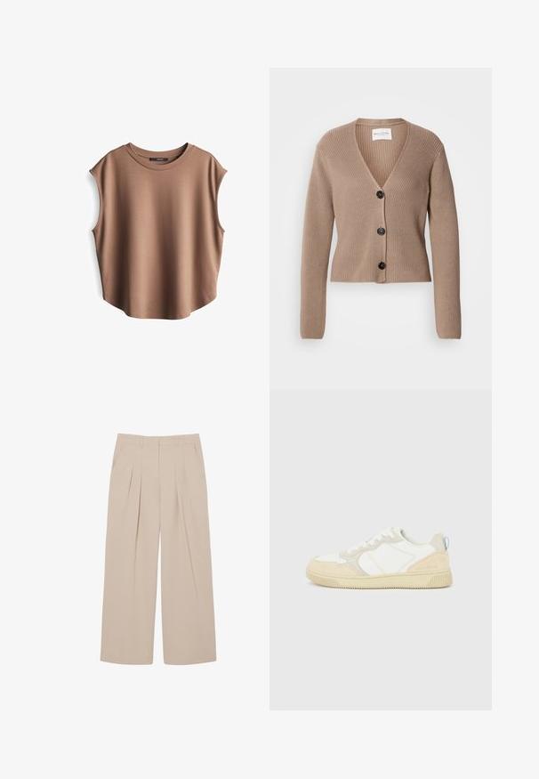 Beige geribde cardigan met lange mouwen, V-hals en drie zwarte knopen aan de voorkant. Zachte textuur en cropped ontwerp.; Bruine mouwloze top van gladde stof, met een ronde hals en verlaagde armsgaten, een licht gebogen zoom en een minimalistisch ontwerp.; Beige wijde broek met voorplooien, riemlussen en zijzakken, ontworpen voor een relaxte pasvorm.; Witte en beige sneaker met een bovenwerk van suède en textiel, voorzien van contrasterende stiksels, een rubberen zool en een lichtblauwe accenten op de hiel.