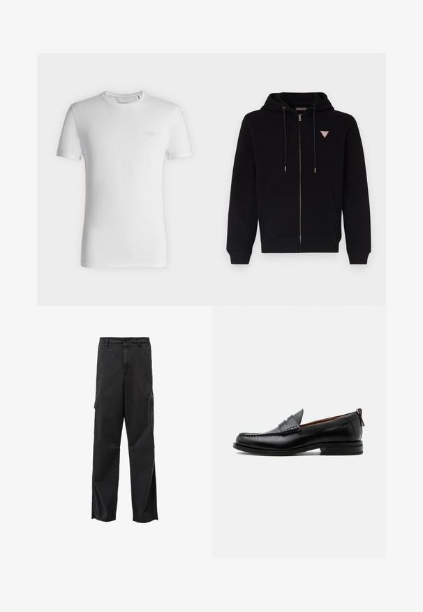 Sweat à zip noir en tissu doux, avec une poche kangourou, un capuche à cordon et un petit logo rouge et blanc sur la poitrine.; T-shirt blanc à manches courtes et col rond avec petit logo GUESS embossé sur le côté gauche de la poitrine, présenté sur un fond clair uni.; Pantalons cargo noirs avec une coupe droite, fermeture à bouton et poches latérales. Tissu lisse avec une finition mate et sans motifs visibles.; Mocassin homme en cuir noir avec couture moc toe, bride penny, col texturé et petit talon empilé sur fond blanc.