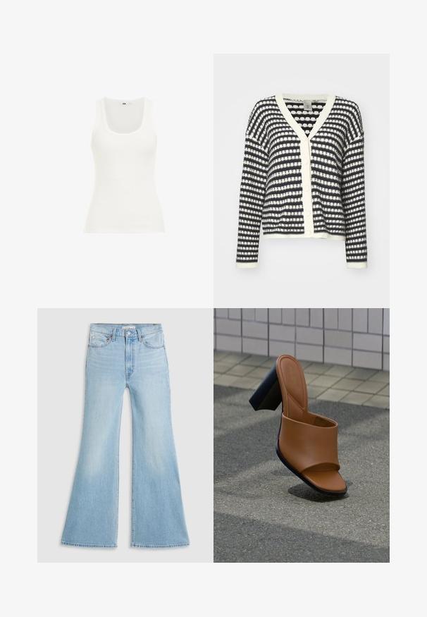 Knappet cardigan med navy og kremstriber, strikket tekstur, v-hals og ribbede ærmer. Fire knapper foran til lukning.; Hvid ribbet tanktop med rund halsudskæring og brede stropper. Stoffet ser strækbart og tætsiddende ud, velegnet til lag-på-lag eller afslappet brug.; Lysblå flagrende jeans med høj talje, lavet af denim. Har et klassisk fem-lomme design og en rå kant ved ærmerne.; Brun slip-in sandal i kunstlæder med en glat tekstur, åben tå og en chunky sort hæl. Minimalistisk design med en bred rem tværs over foden.