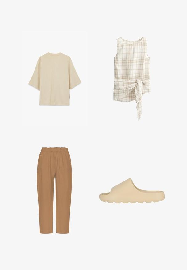 Beige oversized kortærmet skjorte med lige kant og central søm på ryggen, vist bagfra mod en ensfarvet hvid baggrund.; Ærmeløs beige og hvid ternet bluse med rund halsudskæring og bindedetalje foran ved taljen.; Lysebrune, løstsiddende bukser med elastisk, rynket talje. Fremstillet af et tekstureret, letvægtsstof; tilspidset ben design uden lommer.; Lys beige slide sandal med en glat, mat finish. Har design med åben tå og en tekstureret, rillede sål for godt greb.