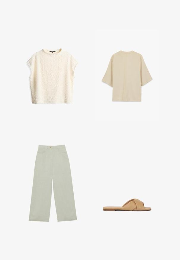Beige oversized shirt met korte mouwen, een rechte zoom en een centrale achternaad, gezien van achteren tegen een effen witte achtergrond.; Korte mouwen ivoorkleurig top met een gestructureerd, gekreukt patroon; heeft een ronde halslijn en een relaxte pasvorm, vervaardigd uit een zachte stof.; Lichtgrijze broek met wijde pijpen, voorzakken, riemlussen en een knoopsluiting in de taille, getoond op een witte achtergrond.; Tan leren instapsandalen met een geknoopt bovenwerk, vlakke zool en een gladde textuur, ontworpen voor casual gebruik.