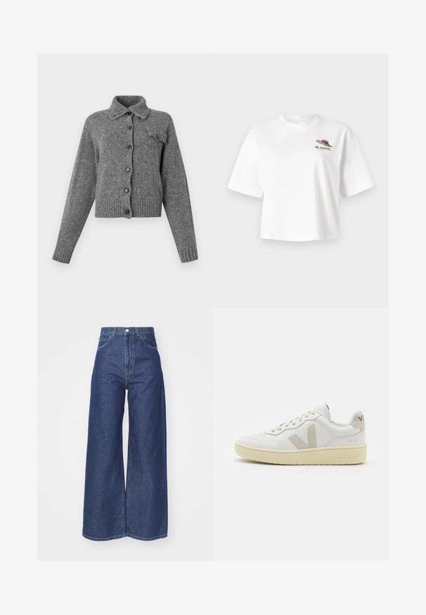 Grå strikket cardigan med knap-lukning foran, ribbet krave, manchetter, kant og en lille flæse-detalje på venstre brystlomme.; Hvid kortærmet t-shirt med et grafisk design af en hat med ordet "BLAZING" i sort og grøn broderi på brystet.; Bredde ben jeans lavet af mørkeblå denim. Høj talje med lynlås og knaplukning. Har klassisk fem-lomme stil og omfoldede kanter.; Hvide lærreds sneakers med beige ruskindsdetaljer, perforeret tåboks, flade snørebånd og en struktureret cremefarvet sål. Har diskret branding på hælen.