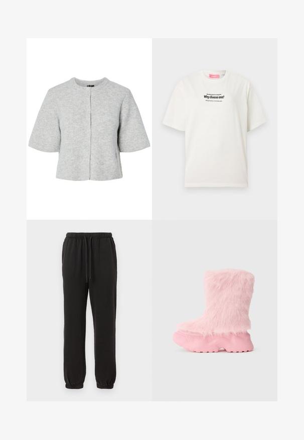 Cardigan gris à manches courtes en tissu côtelé avec un col rond et quatre boutons sur le devant. Design simple et court.; T-shirt blanc à manches courtes avec texte noir "Pourquoi choisir une seule ?" et texte plus petit au-dessus et en dessous, présenté sur un fond uni.; Pantalons de jogging noirs avec une taille élastique et un cordon de serrage. Poignets au niveau de la cheville. Fabriqués en tissu jersey doux avec une texture lisse.; Botte rose épaisse avec une semelle texturée et une douce fausse fourrure moelleuse recouvrant toute la partie supérieure.