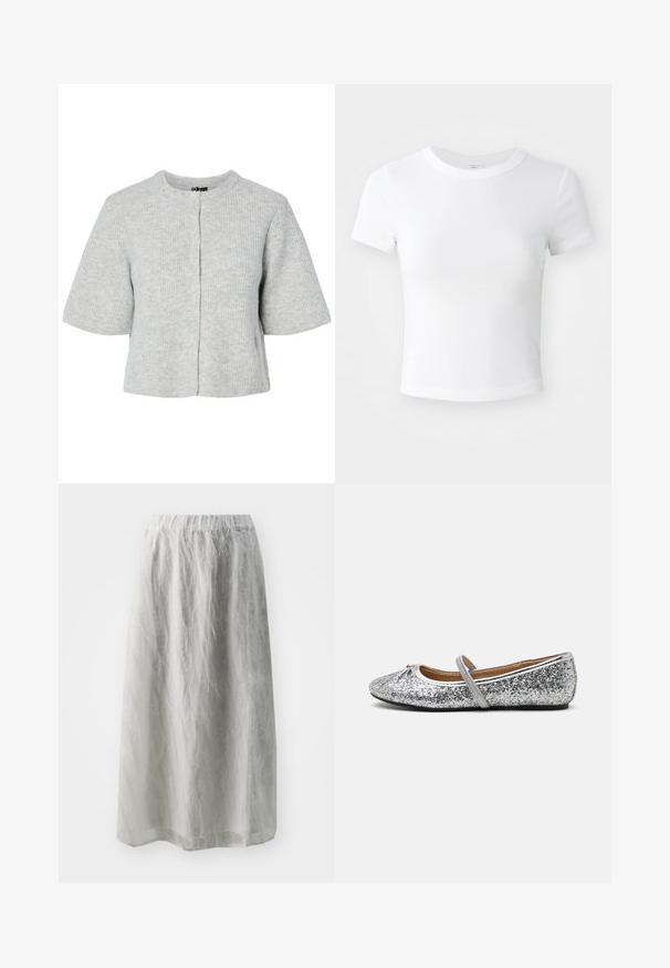 Grå kortærmet cardigan lavet af ribstrikket stof med rund halsudskæring og fire knapper foran. Enkel og kort design.; Simpel hvid kortærmet cropped t-shirt med rund halsudskæring, præsenteret på en neutral lys baggrund.; Lys grå midi-nederdel med elastisk talje, lavet af et gennemsigtigt, tekstureret materiale, der har et svajende, lagdelt design.; Sølvglitter balletflade med rund tå, elastisk rem og minimal hæl. Struktureret overflade med metallisk glans og kontrasterende kant.