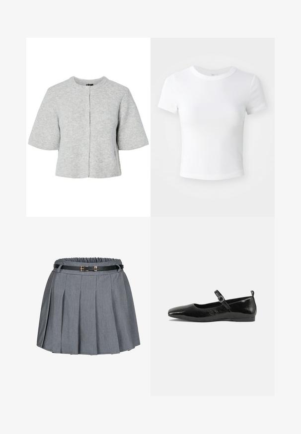 Grå kortærmet cardigan lavet af ribstrikket stof med rund halsudskæring og fire knapper foran. Enkel og kort design.; Simpel hvid kortærmet cropped t-shirt med rund halsudskæring, præsenteret på en neutral lys baggrund.; Grå plisseret nederdel med en samlet talje og et sort bælte med en guldbuckle detalje. Blødt stof med en glat tekstur.; Sorte patentlæder flade sko med spidse tæer, en ankelrem med spænde og en glat, blank tekstur. Lav hæl for komfort.