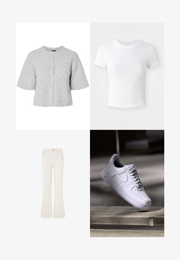 Grå kortærmet cardigan lavet af ribstrikket stof med rund halsudskæring og fire knapper foran. Enkel og kort design.; Simpel hvid kortærmet cropped t-shirt med rund halsudskæring, præsenteret på en neutral lys baggrund.; Hvide flared jeans lavet af bomuldsblandingsmateriale. Har fem lommer, en frontknaplukning og synlig syning langs sømmene.; Hvid Nike Air Force 1 sneaker svævende over en betonoverflade med skygger i et minimalistisk miljø.