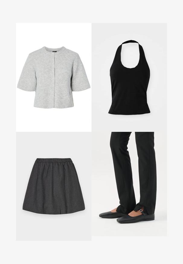Grå kortærmet cardigan lavet af ribstrikket stof med rund halsudskæring og fire knapper foran. Enkel og kort design.; Sort halterneck top lavet af blød stof, med en scoop halsudskæring og en tætsiddende silhuet, med en glat tekstur og uden synlige mønstre.; Sorte stribede nederdel med elastisk talje, har lodrette hvide pinstriber, svajet design og glat tekstur. Velegnet til afslappet brug.; Ben iført sorte smalle bukser med forreste slidser ved kanten, parret med sorte flade Mary Jane-sko med lille spænde.