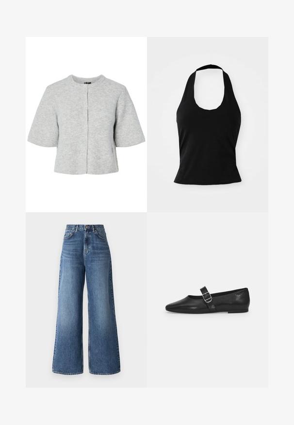 Graue Kurzarm-Strickjacke aus Rippstrick mit rundem Ausschnitt und vier Knöpfen vorne. Einfaches und kurzes Design.; Schwarzes Halftertop aus weichem Stoff, mit einem U-Bootausschnitt und einer figurschmeichelnden Silhouette, glatter Textur und ohne sichtbare Muster.; Hochtaillierte, lässige Jeans aus hellblauem Denim mit einem klassischen Fünf-Taschen-Design und dezentem Verblassen entlang der Beine.; Schwarzer Lederflatschuh mit runder Zehenform, einem verstellbaren Schnallenriemen und einer glatten, glänzenden Oberfläche. Minimalistisches Design mit einem niedrigen Absatz.