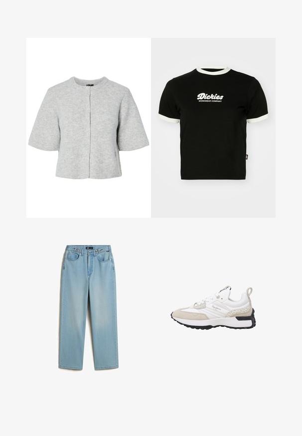 Grå kortærmet cardigan lavet af ribstrikket stof med rund halsudskæring og fire knapper foran. Enkel og kort design.; Sort bomulds t-shirt med hvid ribbet halsudskæring og ærmekanter. Har hvidt logo-tekst på forsiden: "Dickies Workwear Company." Korte ærmer.; Vans CINCHED CHECK - Baggy jeans - light stonewash; Hvid og beige sneaker med ruskind og mesh-materialer, teksturerede detaljer, en rundet tå og en gummisål. Har logo på siden.