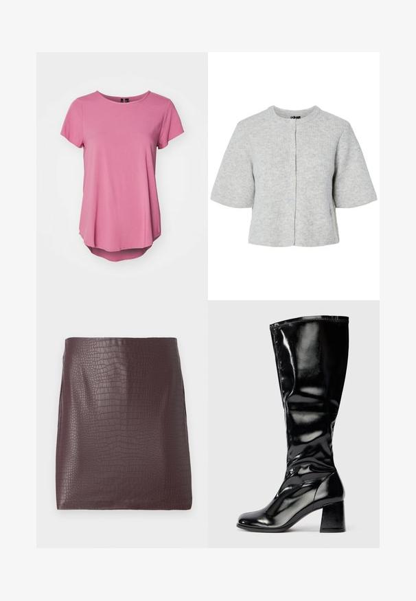 Cárdigan gris de manga corta hecho de tela acanalada con cuello redondo y cuatro botones en la parte delantera. Diseño sencillo y corto.; Camiseta de manga corta rosa con escote redondo, corte relajado y dobladillo trasero ligeramente más largo. Fabricada con una tela suave y lisa.; Falda mini de cuero sintético con estampado de cocodrilo en burdeos oscuro, con una textura suave y aberturas laterales.; Bota negra brillante de altura hasta la rodilla con tacón cuadrado y puntera redondeada, acabado liso y brillante, con ligero detalle texturizado en el tacón y la parte superior.